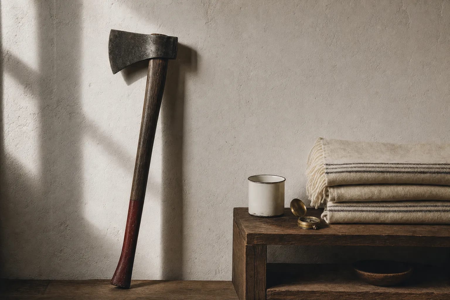 A hand-forged axe leaning against a plaster wall beside folded camp blankets, an enamel mug, and a brass compass